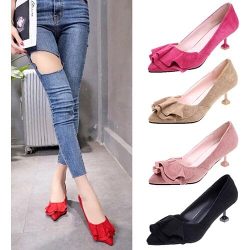 2020 New Sweet Ruffles Single Shoes Pointed Toe Mid Heel Pumps Banquet Dress High Heels Flock Work Shoes Elegant Footwear