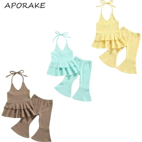2021 2-7Y Casual Kids Baby Girl Clothing Set Light Color Solid Sleeveless Halter Layered Backless Vest+Flare Pants Summer 3pcs