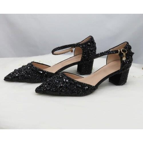 BaoYaFang Summer Black Crystal Sandals Womens wedding shoes Bride Fashion Pointed toe Thick Heel Buckle Sandals woman Low Heel