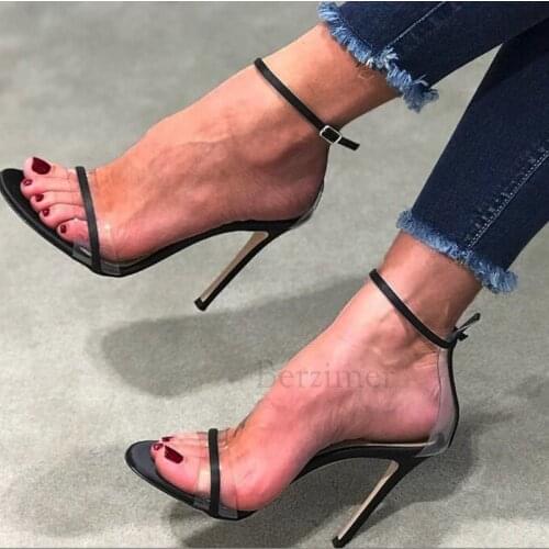 BERZIMER Concise Women Sandals Stiletto Heels Ankle Strap Pumps Party Sandalias Mujer Shoes Woman Large Size 39 45 47 52