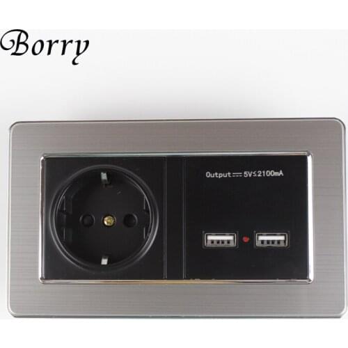 BORRY wall outlet EU standard dual USB socket charging port for mobile 5V 2.1A stainless steel panel with Kids Door Protection
