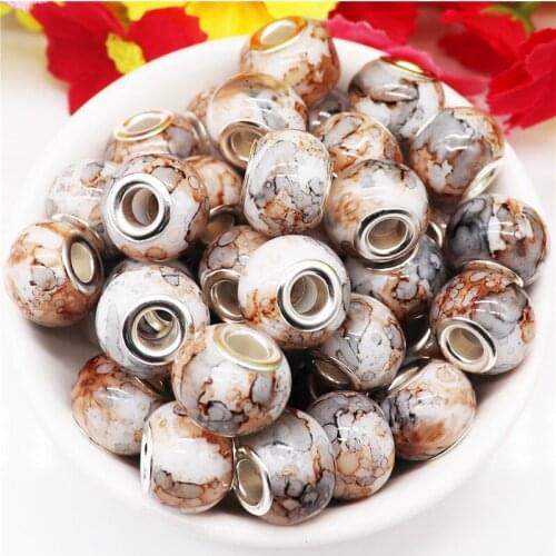 20 Pcs New Color 16MM Big Round Striped Glossy Furface Big Hole Glass Spacer Beads Fit Pandora Bracelet DIY Women Jewelry Making