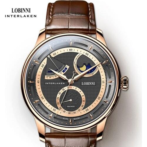 LOBINNI Luxury Men Automatic Mechanical Watch Calendar Waterproof Sapphire Crystal Watches Power Reserve Moonphase Men Clock