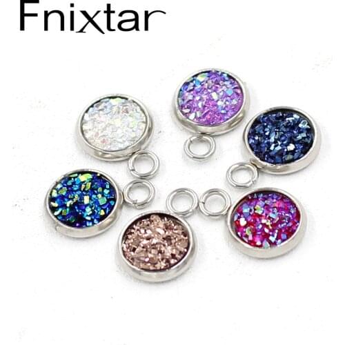 Fnixtar Small Round Glitter Faux Druzy Cabochon Resin Charms For Gilrs Necklace Bracelet DIY Jewelry Making 8mm 50 piece/lot
