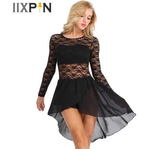 IIXPIN Women Ballet Dress Adult Long Sleeve Floral Lace Asymmetric Chiffon Dress Leotard Ballet Costumes Ballet Dance Dress