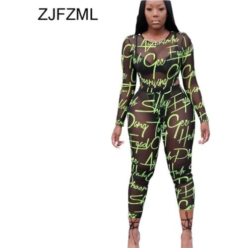 Neon Letter Print Mesh Spliced Two Piece Set Women Long Sleeve See Through Bodysuit And Skinny Pants Sweat Suits 2 Piece Outfit