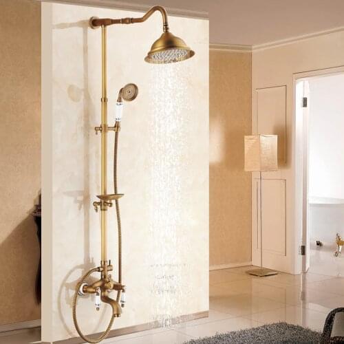 Vidric Antique Brass Bathroom Shower Faucets Set 8 Inch Rain Shower Head Handles Mixer Tap With Soap Dish Bath Shower torneir