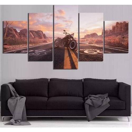 Wall Art Canvas Paintings 5 Piece Hd Picture Road Numbers Route 66 Motorcycle Vehicle Poster Wall Sticker Landscape Home Decor