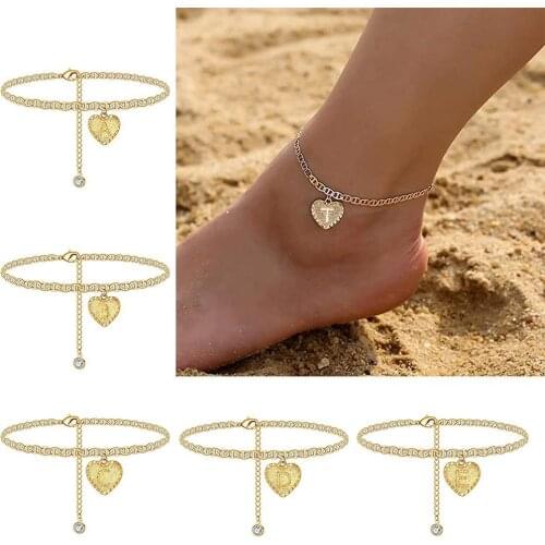 A to Z Capital Letter Engraved Love Heart Pendant Rhinestone Anklet Foot Chain