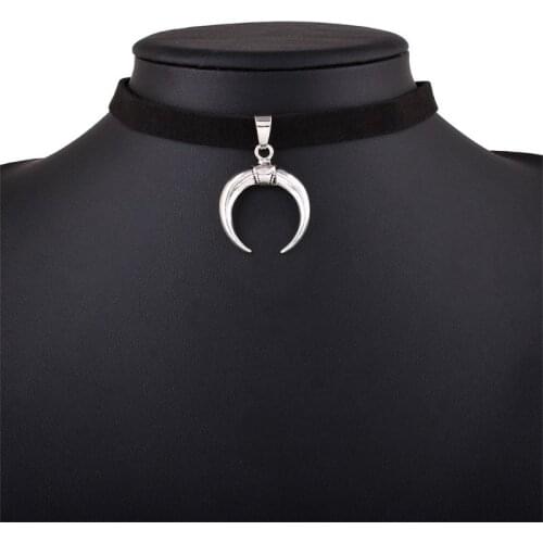 Black PU Velvet Ribbon Choker Necklace Gothic Handmade Moon Pendant Sexy Simple Design Female Jewelry Gift