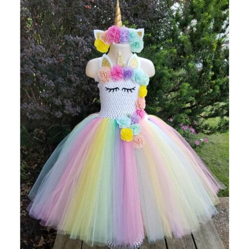 Pastel Flower Girls Birthday Party Dress 1-12 Years Kid Unicorn Costume for Halloween Easter Parade Party Children Birthday Gift
