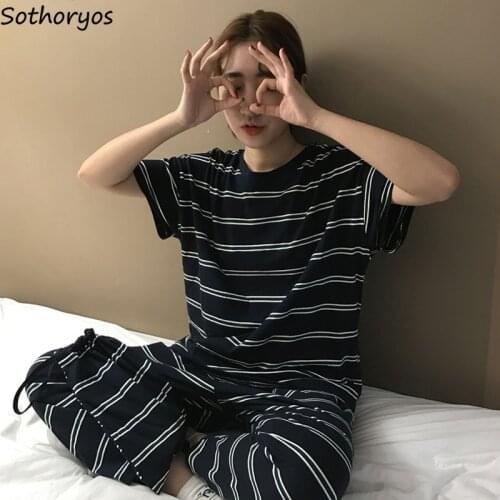 Pajama Sets Women Korean Striped Printed Simple Loose Casual Trendy Sweet Female Sleepwear Comfortable Breathable Nightwear Chic