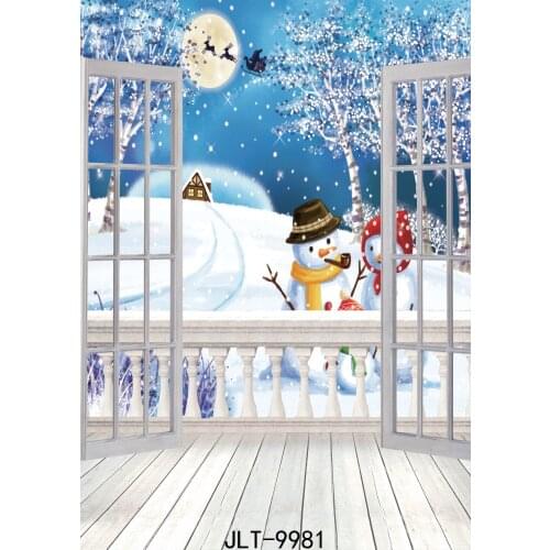 Christmas Backdrop Window Snowman Moon Photo Background Wooden Floor 3d Vinyl Cloth Customize Backgrounds for Photo Studio