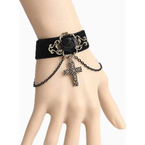 Handmade NWT Gothic Bronze Flower Rose Chain Cutout Cross Drop Black Ribbon Bracelet Wristband Vintage Retro Fashion Accessories