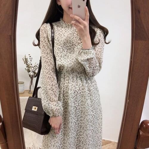 Lamtrip Lolita Sweet Chic Rustic Flowers Print Back Bow Long Sleeve Chiffon Dress 2021 Spring