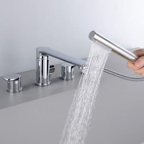 Chrome solid brass bathroom Bathtub faucet Two handle Four holes mixer faucet High grade design Rotatable shower Tap