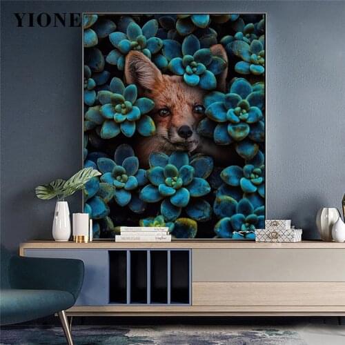 Modern Abstract Succulent with Fox Raccoon Art Canvas Painting Tropical Wild Animal and Plants Wall Pictures Print Poster Decor
