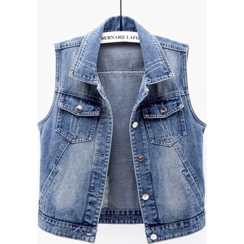 Vintage Blue Denim Vest Women Big size Slim Waistcoat Frayed Sleeveless Jacket Summer New Short Jeans Vest Female Chaqueta Mujer