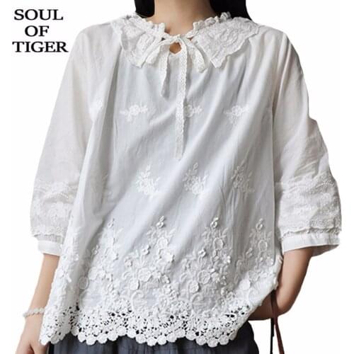 SOUL OF TIGER 2020 New Spring Korean Fashion Style Ladies Loose Clothes Womens Lace Embroidery Shirts Casual Streetwear Blouses