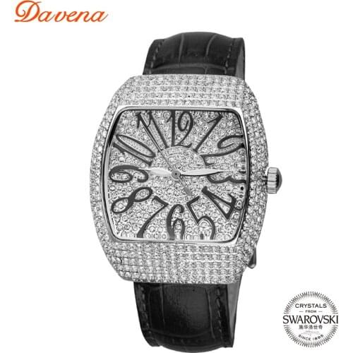 Davena Lady Womens Watch Crystal Hours Fashion Clock Real Leather Bracelet Luxury Brand Rhinestones Girls Birthday Gift Box
