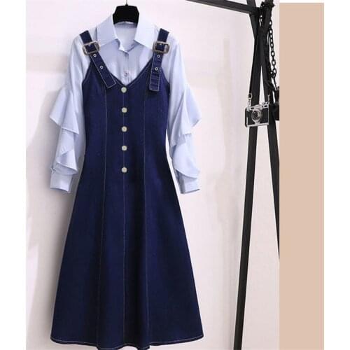 Women Denim Strap Dresses Sets 2021 New Summer Long Sleeve Shirt Tops + Button Jeans Dress 2 Piece Set Loose Female Dress