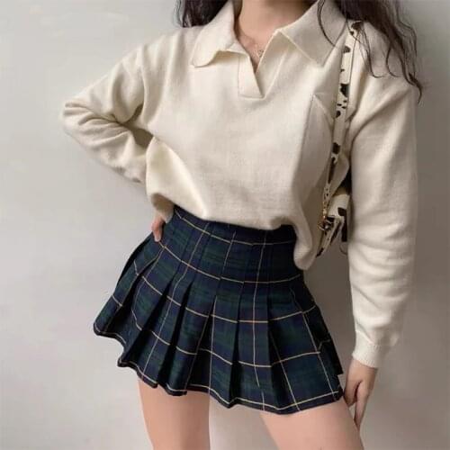 Retro Women Sweater Pullovers Knitted Casual Solid Autumn Turn Down Collar Female Loose Long Sleeve Soft Oversized Y2K Crop Tops