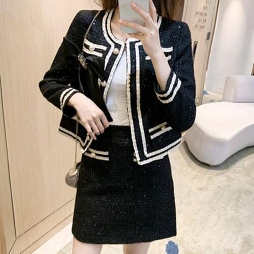 New 2021 Autumn Elegant Tweed Women 2 Piece Set Fashion Diamond Bowknot Short Jacket Coat+High Waist Mini Skirt Winter Suit