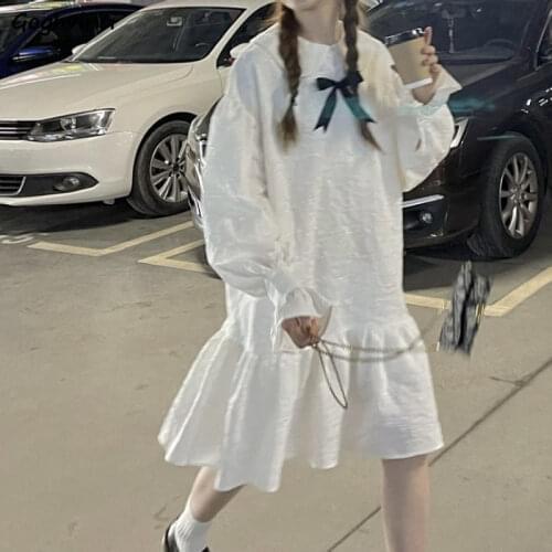 Long Sleeve Dress Women Spring Simple Temperament All-match College Loose White Princess Knee-Length Leisure Bow Daily Solid Ins