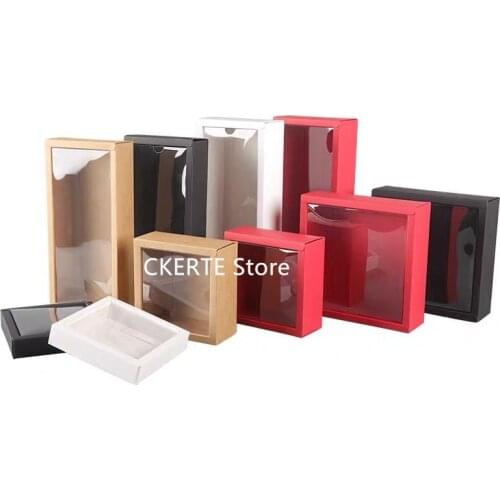 10Pcs White Kraft Paper Gift Box With Transparent PVC Window Black Paper Cake Box Red Wedding Cookie Candy Packaging Boxes