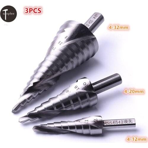 3PCS HSS6542 4-12mm,4-20mm,4-32mm Triangle Shank Spiral Groove Step Drill Bit For Chamfering Cutting Cone Saw Stepped Drill