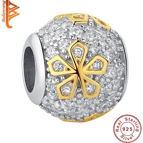 925 Sterling Silver Yellow Gold Snowflake Crystal Round Charm Bead Fit Original Charm Bracelet Bangle Authentic Jewelry Making
