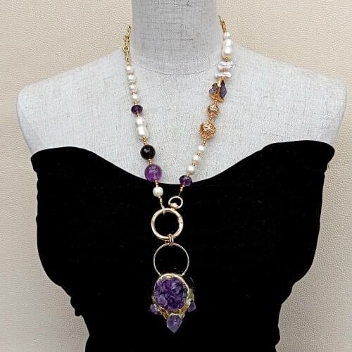 YYGEM Natural Purple Amethyst Raw Druzy Pendant 23" Cultured White Pearl Amethyst Gold plated Chain Necklace
