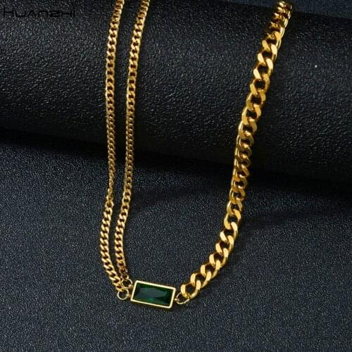 HUANZHI 2020 Gold Color Titanium Stainless Steel Green Zircon Double layers Thick Chain Crystal Necklace for Women Jewelry