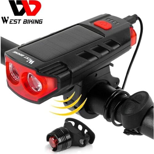 WEST BIKING 2 IN 1 Bike Light Solar Powered Super Bright LED Lights For Bicycle Cycling Horn Rear Light Waterproof Flashlight