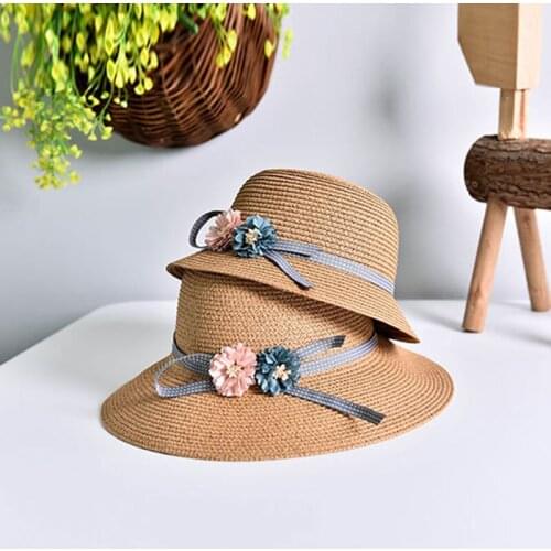 Jinsen Aite Kids Straw Hat Wide Brim Floppy Flowers Baby Girls Beach Hats Foldable Parent-child Bow Travel Women Sun Hat JS771