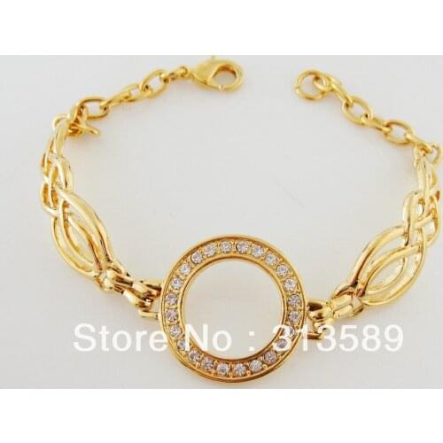 MIN ORDER 10$ CAN MIX DESIGN/ LADY 7.9" - YELLOW GOLD GP OVERLAY FILL BRASS CIRCLE CZ STONE LINKS BRACELET/GREAT GIFT