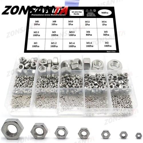 ZONSANTA Hexagon Nuts set M1 M1.2 M1.4 M1.6 M2 M2.5 M3 M3.5 M4 M5 M6 M8 M10 M12 M14 Stainless Steel Hex Nuts Assortment Kit
