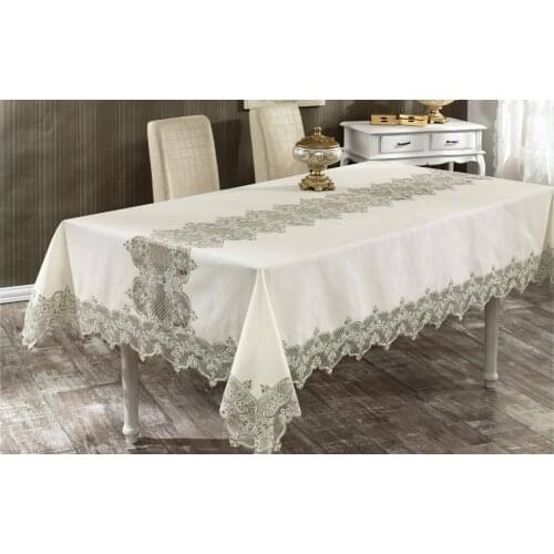 Pierra Model Linen Pattern Embroidered Care-free Non-slip Tablecloth