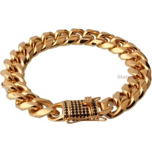 New Fashion Mens Boys Hip Hop Gold Tone Stainless Steel Curb Chain Black CZ Zircon Clasp Bracelet 15mm