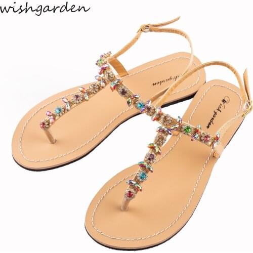 NEW Summer Women`s Flat beach shining rhinestones sandals bohemia diamond sandals T-strap thong flip flops Slippers Boho shoes