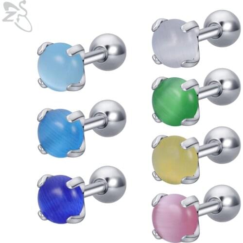 ZS 16G Colorful Opal Stud Earrings Women Men 316L Stainless Steel Ear Studs Round Ear Cartilage Tragus Helix Earrings Barbell
