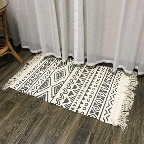 Nordic Hand Woven Cotton Linen Tassel Carpet Bedside Rug for Geometric Floor Living Room Sofa End Table Bedroom Home Decoration