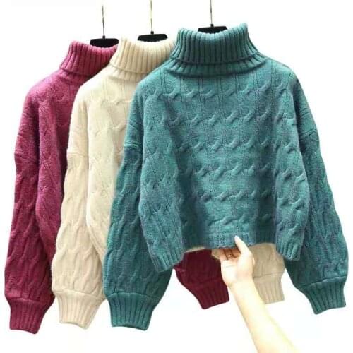 Warm Loose Twist Turtleneck Sweater 2021 Autumn Winter Thicken Loose Pullovers Solid Casual Long-sleeved Short Knitting Sweaters