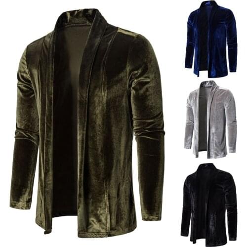 Winter Nice Men Pure Color Gold Velvet Trench Coat Cardigan Long Sleeve Outwear Blouse Fashion Leisure Work Style Colour S