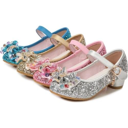 Girls' High Heels 2021 New Spring Children Princess Crystal Shoes Kids Party Shoes Girls Fashion Shoes Sweet Hot Chic Bow-knot