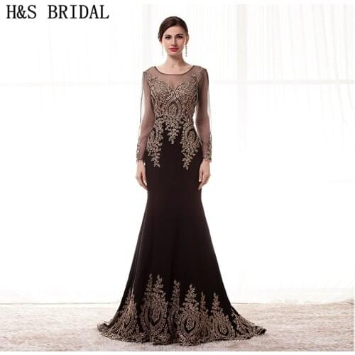 Sheer Neck Long Sleeves Evening Dress Lace Applique Beaded Black formal evening gowns dresses 2017 robe de soiree