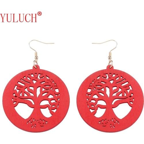 YULUCH 2018 Natural Wooden Pendant Multi Color Round Hollow Out Big Tree Earrings for Vintage Ethnic Women Jewelry Gifts