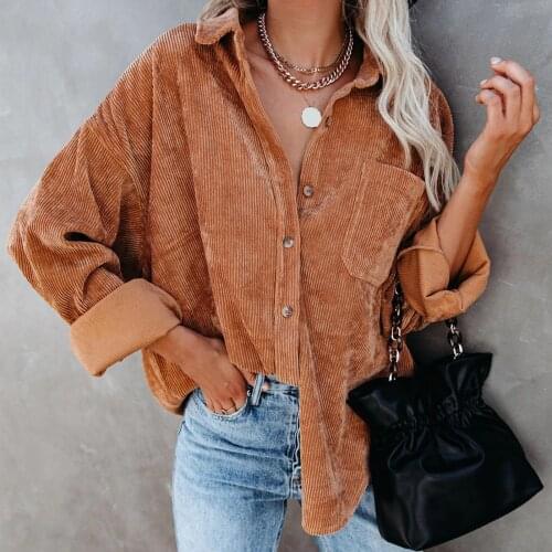 Autumn Winter Women Long Sleeve Solid Color Single-breasted Shirt Corduroy Coat