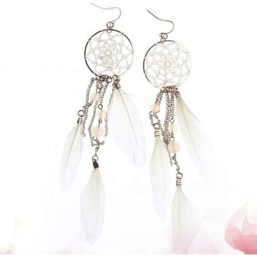 Women Girls Earrings Vintage Chain Tassel Artificial Feather Drop Dangle Earrings Crystal Pendant Earrings Jewelry Accessories