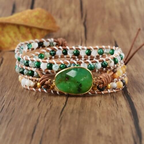 Chrysoprases Women Wrap Bracelet Natural Stone 3 Times Leather Strap Bracelets Green Jades Multi layers Beaded Bracelet Dropship